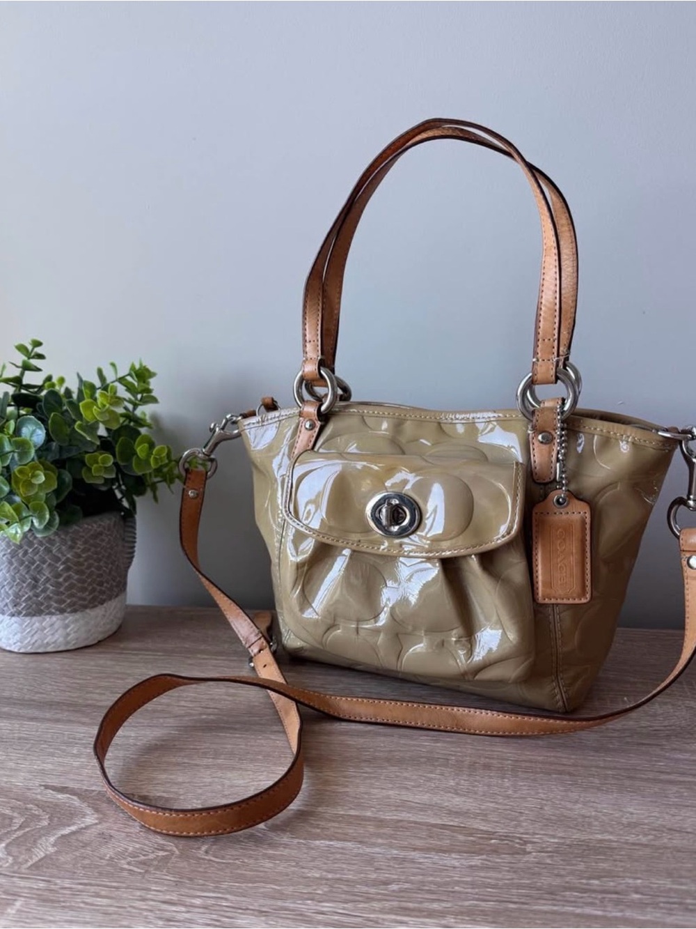 Coach Patent Shoulder Bag with Tan Leather Trim